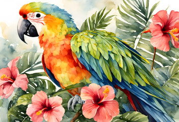 Obraz premium A vibrant watercolor painting of a blue and yellow parrot perched on a branch, surrounded by large tropical leaves and red hibiscus flowers.