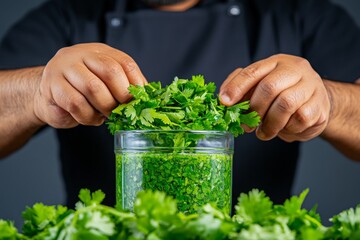 A chef whisking herbs into a marinade, with green flecks of parsley and cilantro mixing into a vibrant sauce