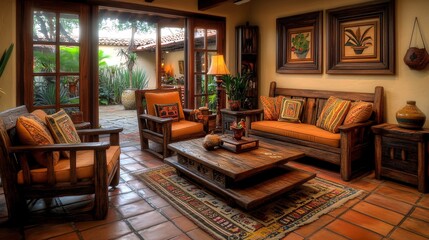 A charming rustic Mediterranean living room featuring terracotta tiles and cozy furniture, blending traditional design with inviting warmth and natural elements.