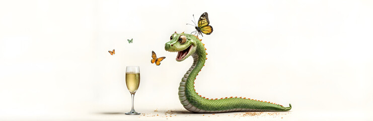 Fototapeta premium Whimsical dragon with butterflies and champagne glass on cream background