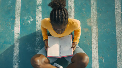 Someone looking down at a notebook, planning their workout routine.