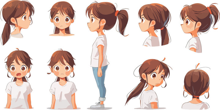 Anime girl character model sheet different views emotions poses expressions cartoon vector illustration set isolated on white background