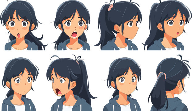 Anime Girl Character Design Concept Art Different Facial Expressions Side View Poses Casual Wear Hoodie Blue Hair Illustration Emotions Drawings References Avatar Icon Set Profile Picture Clipart