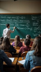 Teacher explaining complex equations in a classroom filled with attentive students
