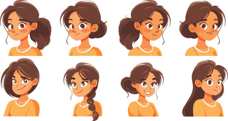 Naklejka premium Young Woman Character Avatar Portrait With Different Hairstyles And Facial Expressions Set Isolated On White Background Happy Sad Angry And Surprised Emotions Body Language Concept