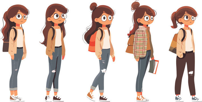 Cute Cartoon Student Girl Character with Backpack and Books Different Poses Set Isolated on White Background Education Concept Flat Vector Illustration
