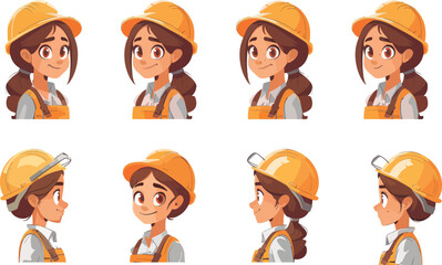 Young female construction worker character different face emotions set for animation engineering architecture building industry staff professional workforce