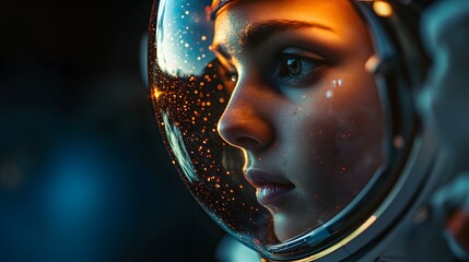 A close-up of an astronaut&acirc;&euro;&trade;s face, visible through their helmet, reflecting distant stars