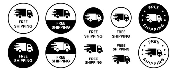 Obraz premium Free delivery icons set. Free shipping label, express delivery badge, fast delivery logo, logistic, courier parcel shipment cargo. Free Delivery truck, van, car, motorcycle, bicycle, scooter icon.