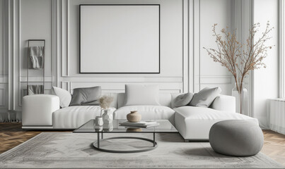 The living room interior is adorned with various elements such as a mock up poster frame, a white sofa, a modern pouf, a glass coffee table, a vase with a branch, a stylish rack, and silver personal