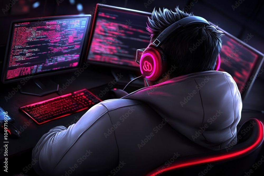 Poster A cyberpunk character taking up hacking, sitting in a neon-lit room with holographic screens filled with code surrounding them