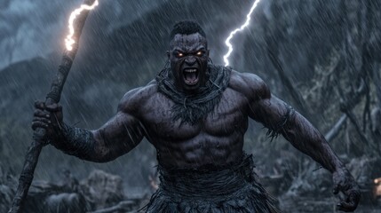 Naklejka premium Powerful Warrior Amidst Stormy Fantasy Landscape