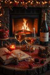 Cozy winter evening: wine and warmth by the fireplace with festive decor