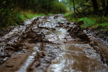 Fototapeta premium Dirt road in the forest after rain