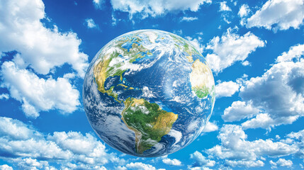 Naklejka premium A globe showing the Earth's landforms with clouds in the sky.