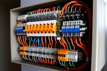 Detailed view of electrical control panel featuring complex wiring and various circuit breakers