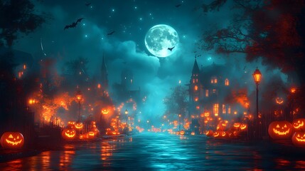 Haunting Halloween Night Scene with Glowing City Pumpkins and Reflections in Water