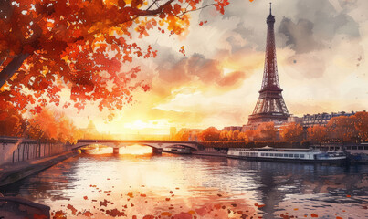 Watercolor The main attraction of Paris and all of Europe is the Eiffel tower in the rays of the setting sun on the bank of Seine river