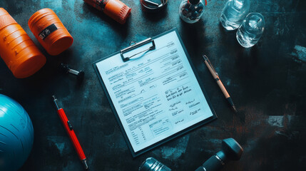 A workout plan, a pen, and sports equipment are ready on a black table.  This is where personal training happens.