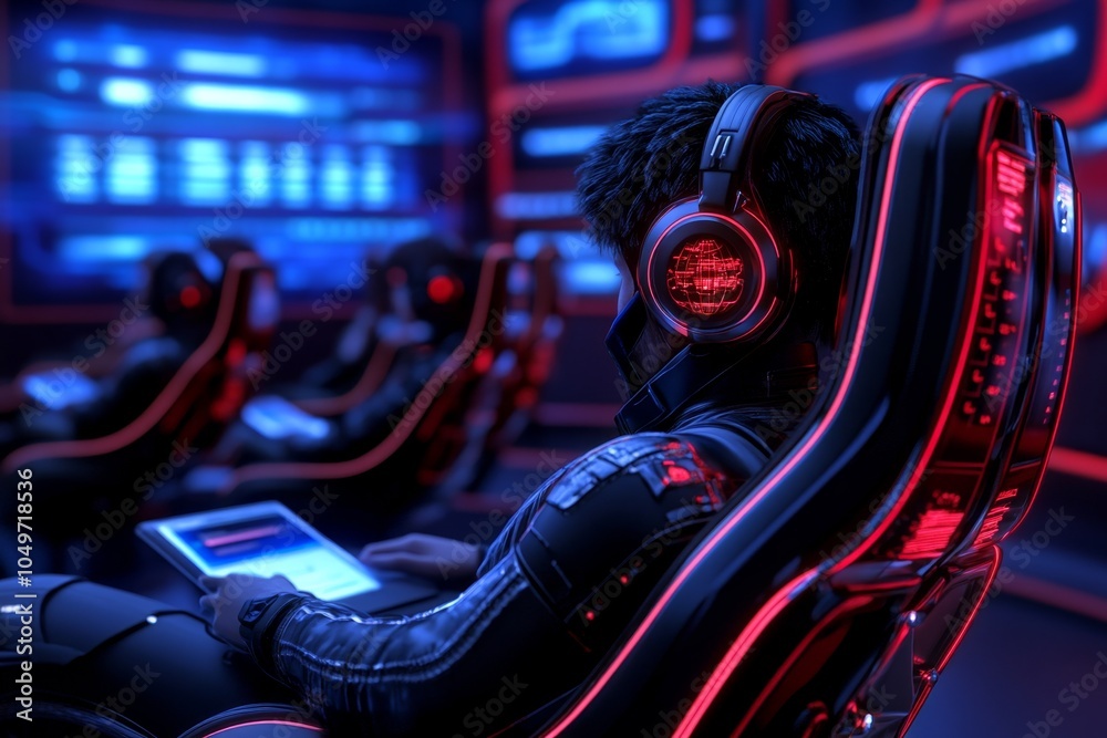 Poster A digital 3D scene of a virtual meeting, with participants taking notes in a vibrant, sci-fi-inspired environment filled with floating data screens