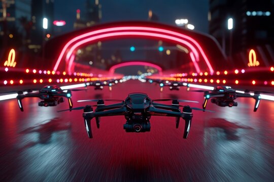 A drone racing competition, with multiple drones taking off simultaneously from a neon-lit starting gate