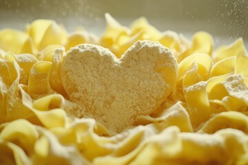 Heart-Shaped Flour on Fresh Pasta Background