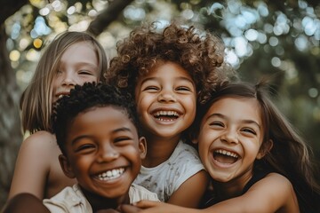 Fototapeta premium Children from different cultures playing together in a park, symbolizing unity and happiness on World Children's Day