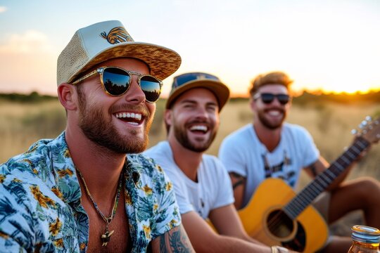 A group of friends taking it easy on a road trip, sitting around a campfire with guitars and snacks, laughing as the fire crackles