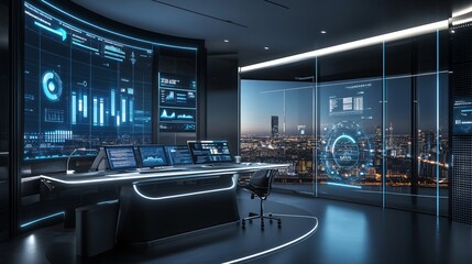 Futuristic Control Room with City View and Data Visualizations