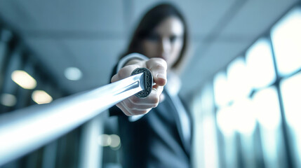 A businesswoman confidently holds a katana in her hand, poised among flying papers in a modern office setting