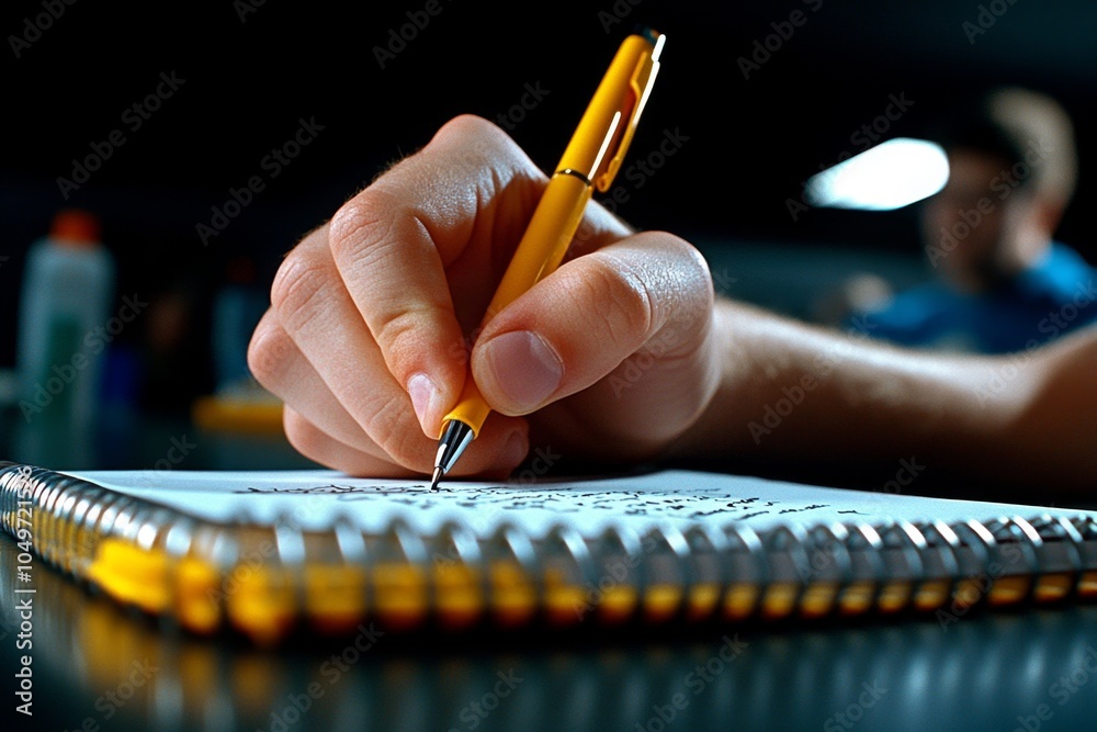 Poster A hyper-realistic close-up of a hand taking notes in a spiral-bound notebook, with every detail of the pen, paper, and handwriting vividly captured