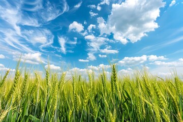 Obraz premium Green wheat field and blue sky with white clouds.