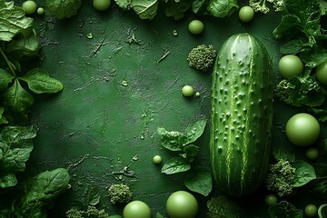 Dark green aesthetic flat lay with cucumber and leaves