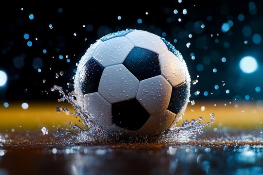 A hyper-realistic image of raindrops bouncing off a soccer ball on an empty field, symbolizing a rain check on the game