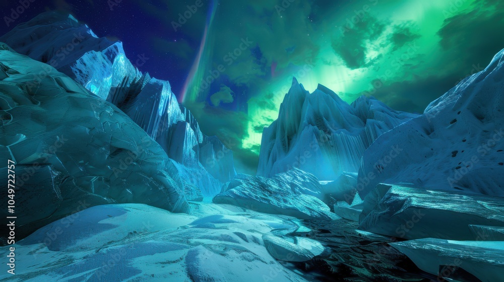 Poster a captivating view of a remote glacier canyon with massive, jagged ice formations and a rare, deep g