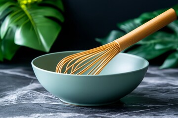 A minimalist design of a whisk in a bowl, symbolizing the act of blending with simple curves and pastel colors
