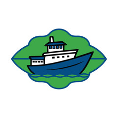 Blue Boat on Green Water Illustration