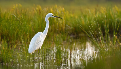 Fototapeta premium Great Egret Standing in Calm Marsh Waters 