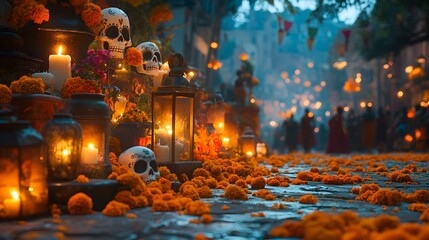 Obraz premium Vibrant Dia de los Muertos Altar with Skulls Candles and Marigold Flowers
