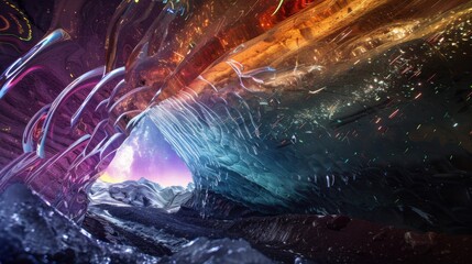 Fototapeta premium A captivating view of a remote glacier cave with shimmering, multi-hued ice walls and a rare, bright meteor shower streaking across the star-filled sky
