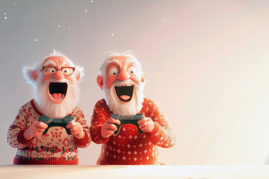 Funky crazy gamer elderly senior men in ugly xmas sweaters using gamepads play video games in solid banner green background/wallpapet/commercial/web