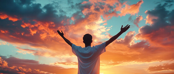 A man raises his arms in worship against a stunning sunset sky, capturing a moment of freedom and spiritual connection during twilight