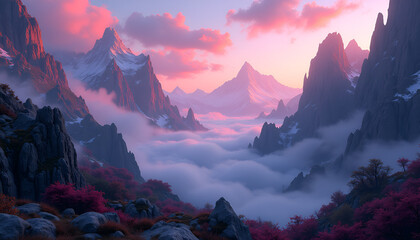 Obraz premium Majestic mountain landscape at sunset with clouds and vibrant foliage