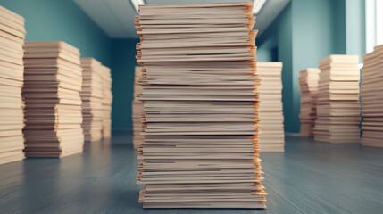 Obraz premium Exploring the intricate world of stacked documents in minimalist office spaces a visual journey through organization and productivity