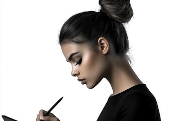 Obraz premium A minimalist sketch of a person taking notes during a presentation, their head slightly bowed as they write