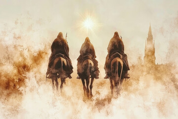 Naklejka premium Three wise men journeying on camels under the star of Bethlehem reflecting the spirit of Christmas in a vintage watercolor style
