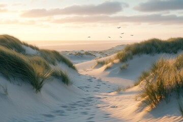 A serene beach scene with soft dunes and gentle waves. The sun sets, casting a warm light over the sand. Perfect for relaxation and nature lovers. Generative AI