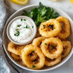 Fried squid rings with lemon and sauce