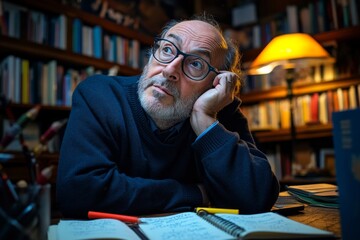 A novelist taking notes in a quiet cafÃ©, surrounded by books and inspiration, jotting down ideas in a leather-bound notebook