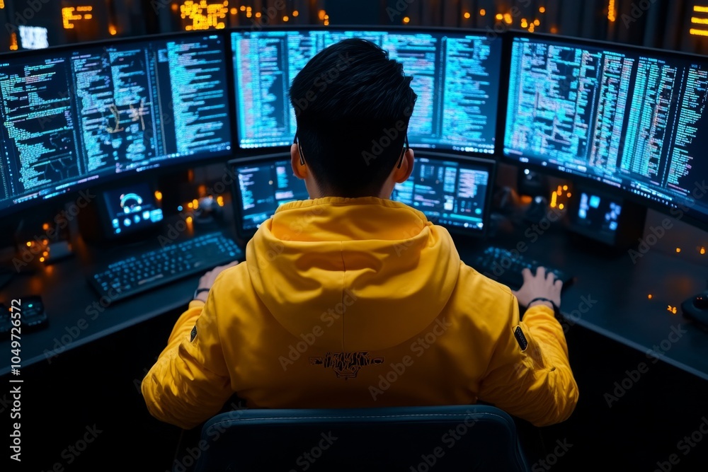 Aufkleber A person taking up coding in a futuristic workspace, surrounded by holographic screens and data streams